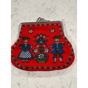 VTG Red Folk Art Kolf Austria Coin Change Purse Austrian Bavarian‎ Motif